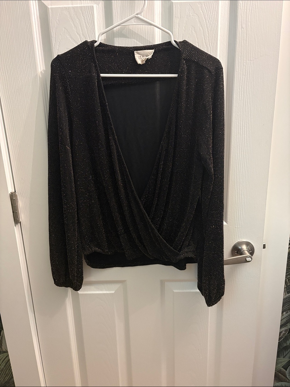 Metallic Black Surplice Long-Sleeve Women's Top